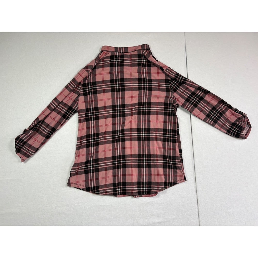 Claudia Richard Petites Pink Black Plaid Henley 3/4 Roll Tab Sleeve Blouse PM - Picture 2 of 6